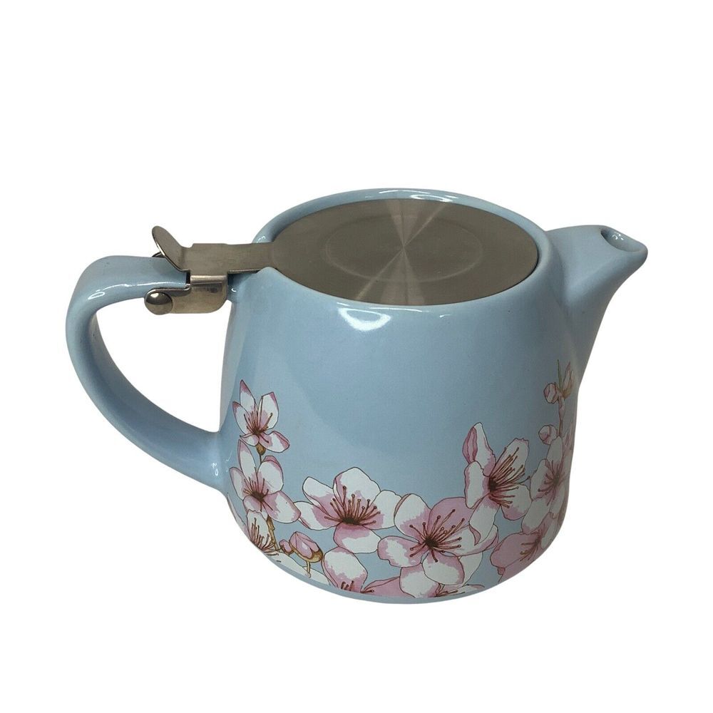Alfred Ceramic and Stainless Steel Teapot 20 oz Blue Pink Floral Cherry Blossom